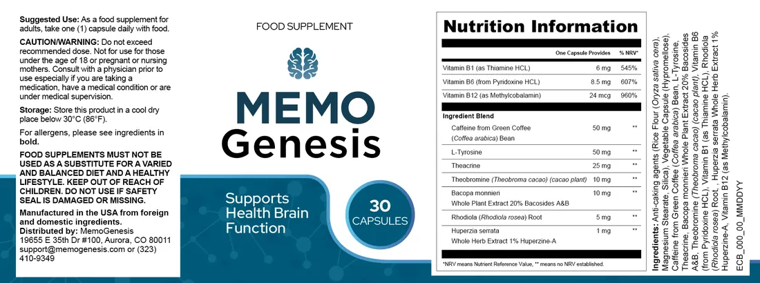 MemoGenesis label with nutrition information and ingredients
